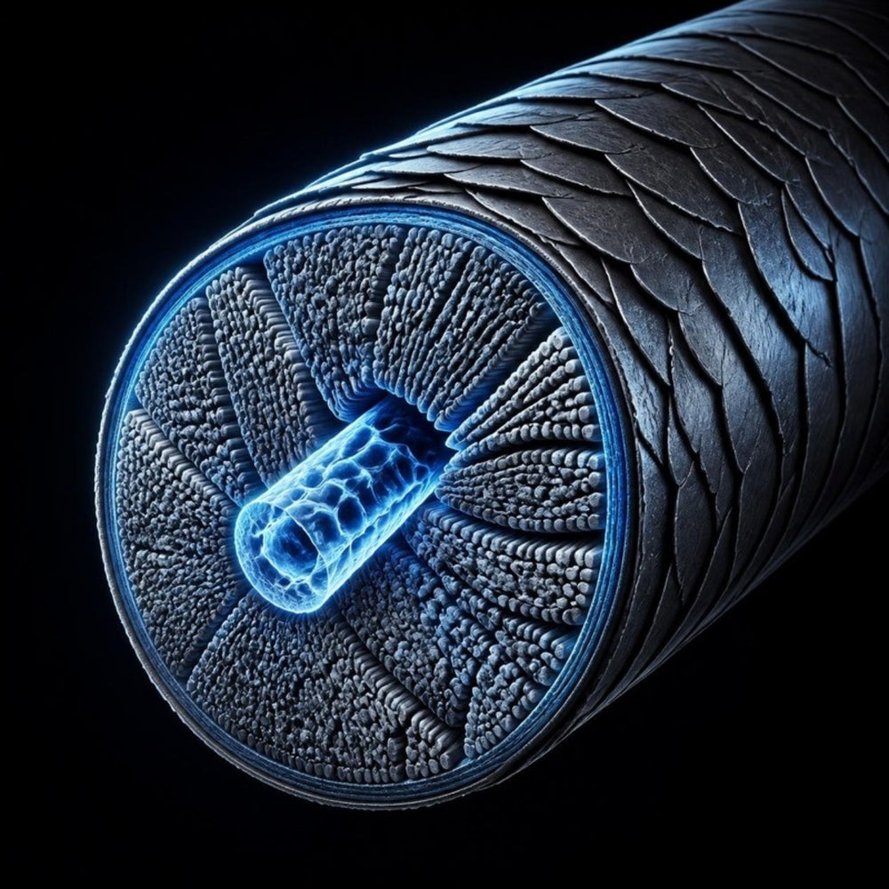 Cross-section of a thick hair strand showing cuticle, cortex and medulla